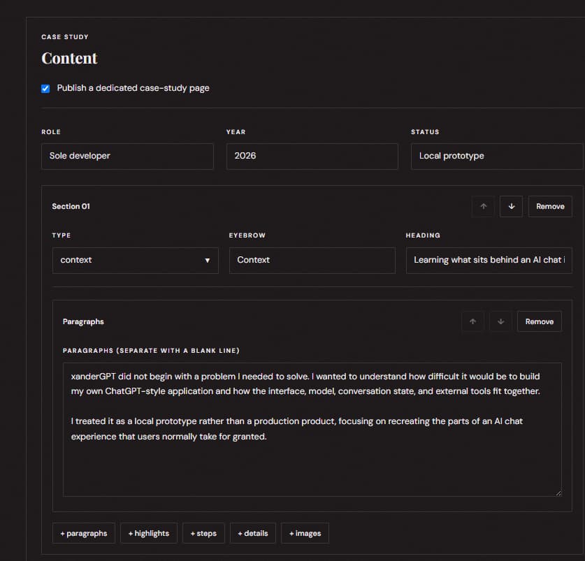 Portfolio CMS editing a populated xanderGPT case-study section with structured metadata, paragraph content, and block controls.