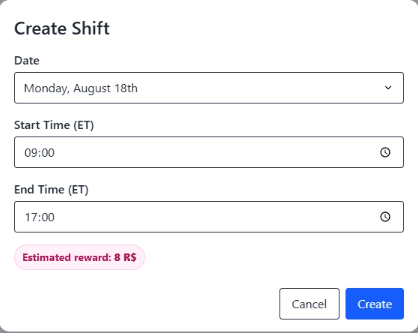 Create Shift form with date and time fields and an estimated reward of 8 Robux