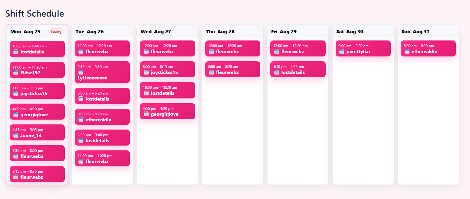 Serendipity weekly shift schedule with claimed sessions arranged across seven days
