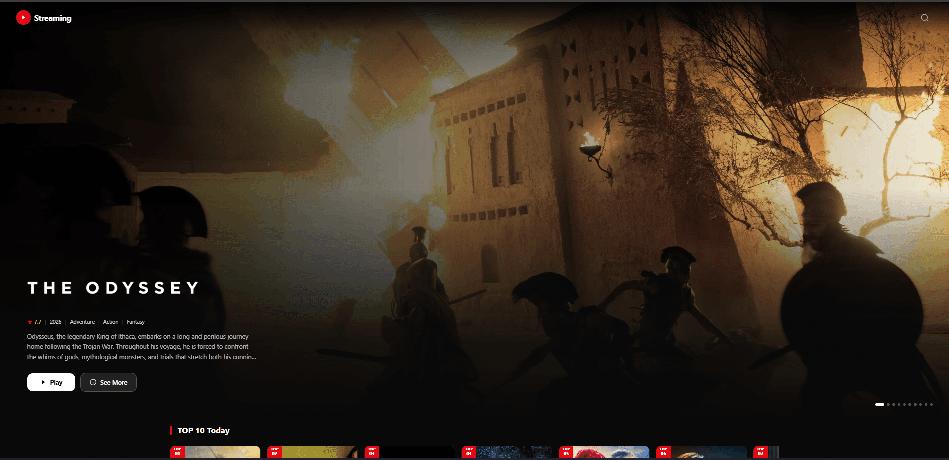 Streaming App home screen featuring The Odyssey above a row of popular titles