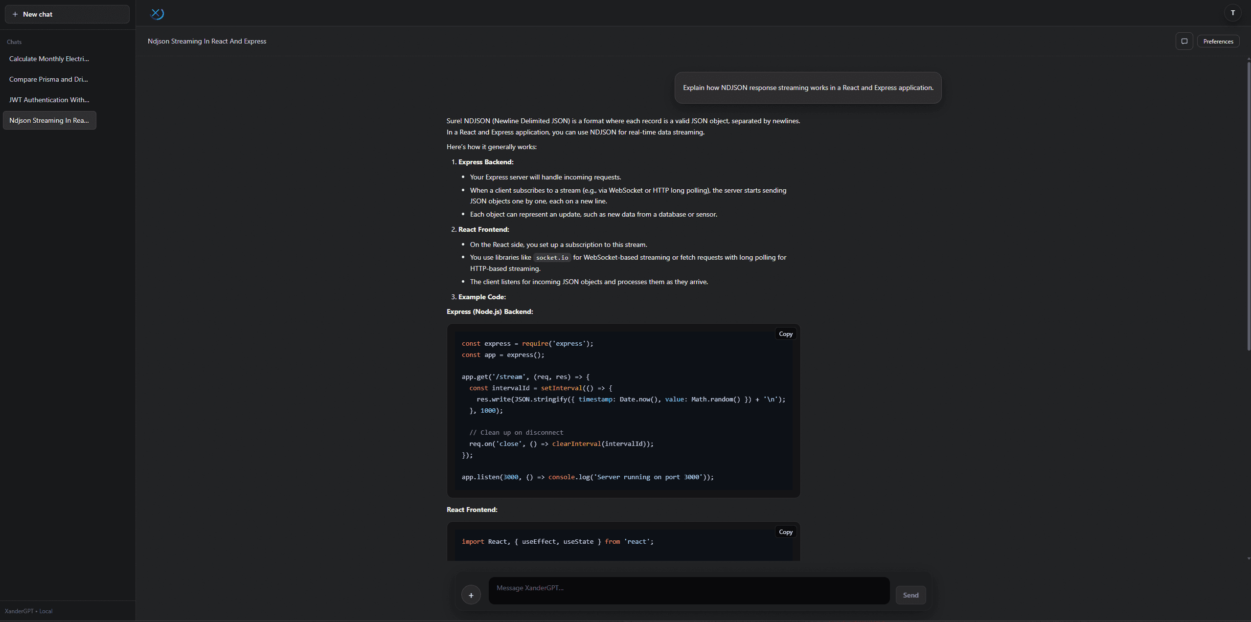 xanderGPT desktop chat interface with conversation history and a streamed response containing formatted text and TypeScript code