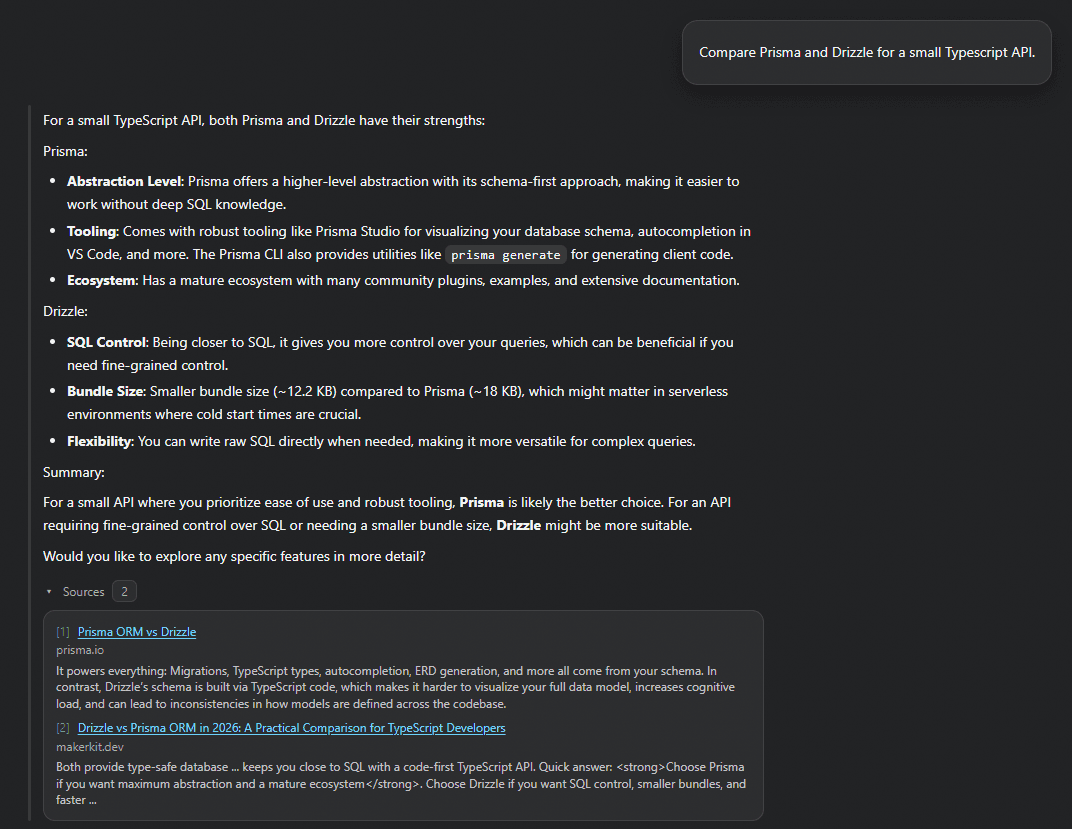 xanderGPT answer comparing Prisma and Drizzle with two selected web evidence sources below it