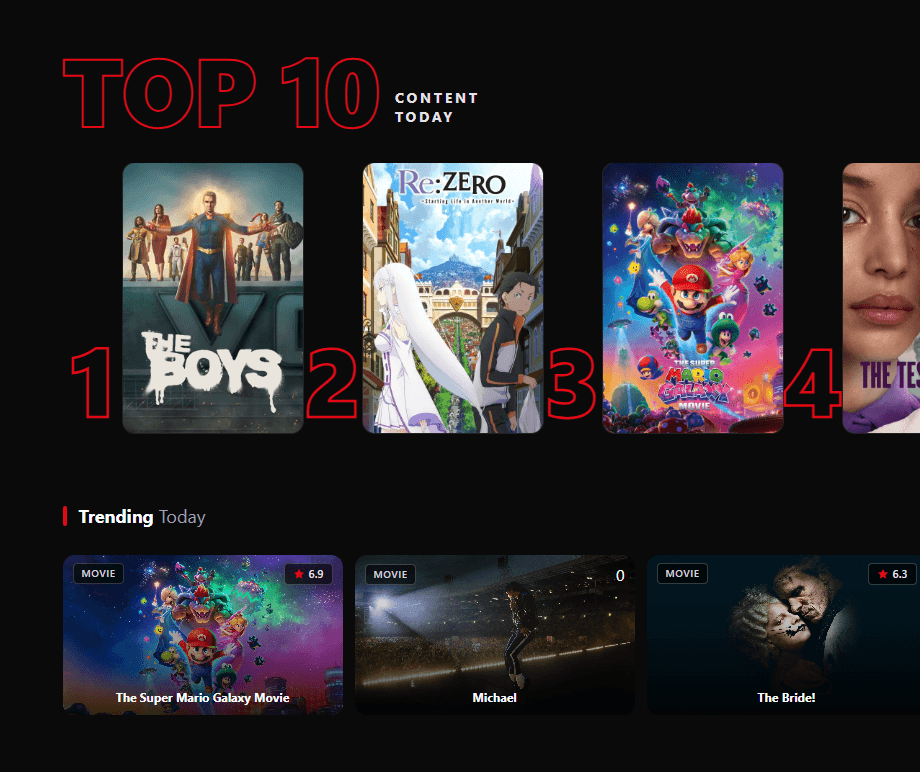 Streaming App interface showing featured and trending titles
